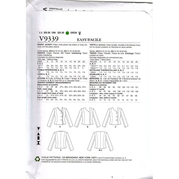 Vogue V9339 Misses 6 to 14 Fitted Lined Jacket Uncut Sewing Pattern - Picture 2 of 2